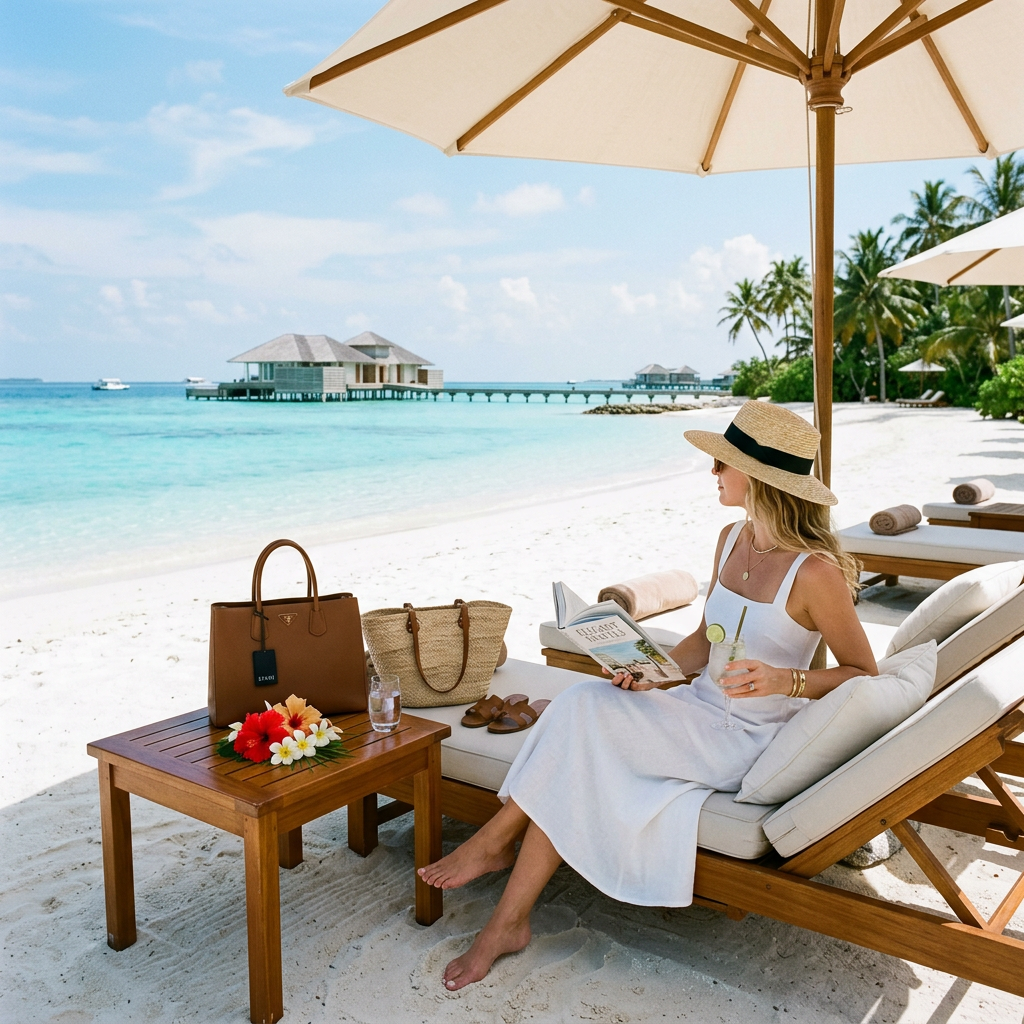 Woman in white dress and hat reading book on beach lounge chair with ocean view